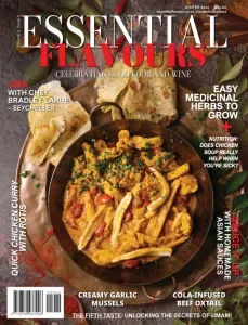 Essential Flavours magazine cover, Winter 2025, featuring chicken curry with rotis and various food headlines