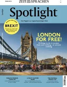 Spotlight magazine cover featuring Tower Bridge. Headlines: Brexit 10 years on; London for free